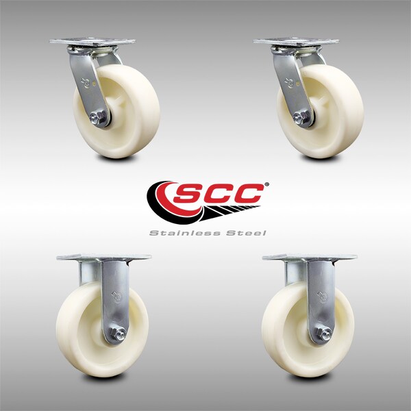 6 Inch Stainless Steel Nylon Caster Set with Ball Bearings 2 Swivel 2 Rigid SCC